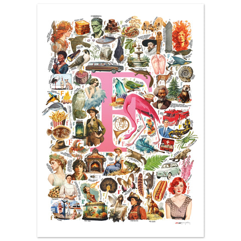 "F is for Festive" — a Renard Roux alphabet poster with English F words (pink version)