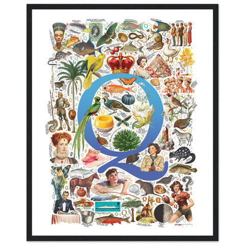 "Q is for Quest" — a Renard Roux alphabet poster with English Q words (blue version)