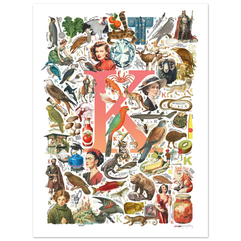 "K is for Keen" — a Renard Roux alphabet poster with English K words (red version)