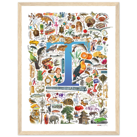 "T is for Treasure" — a Renard Roux alphabet poster with English T words (blue version)