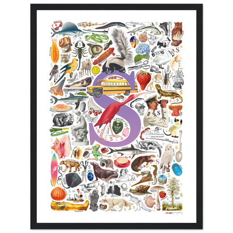 "S is for Surprise" — a Renard Roux alphabet poster with English S words (purple version)
