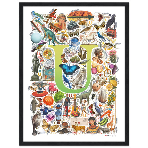 "U is for Unique" — a Renard Roux alphabet poster with English U words (chartreuse version)
