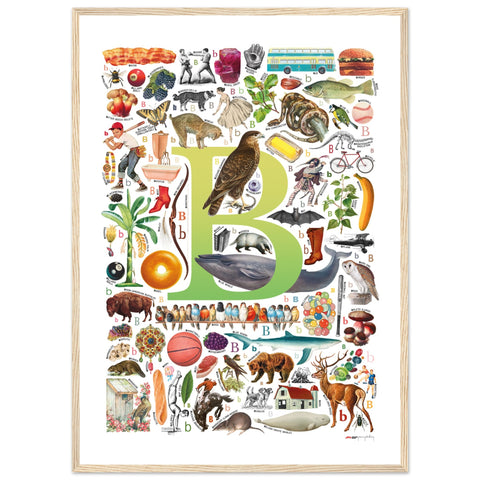 "B is for Brave" — a Renard Roux alphabet poster with English B words (chartreuse version)