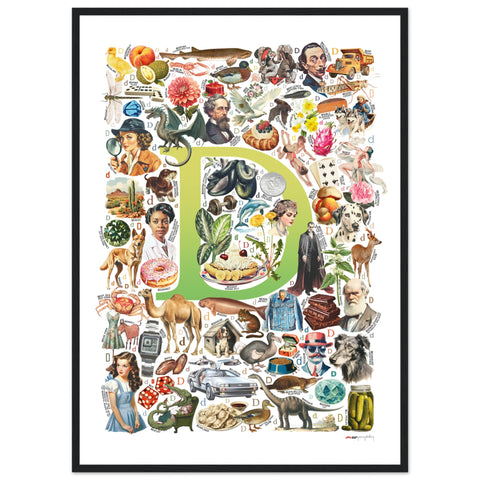 "D is for Discovery" — a Renard Roux alphabet poster with English D words (chartreuse version)