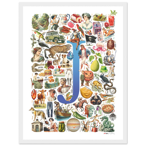 "J is for Journey" — a Renard Roux alphabet poster with English J words (blue version)