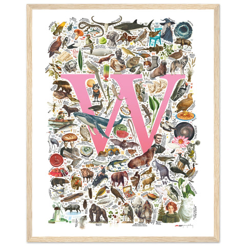 "W is for Wonder" — a Renard Roux alphabet poster with English W words (pink version)