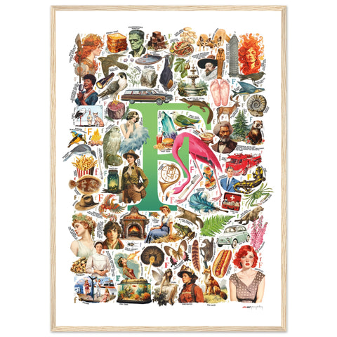 "F is for Festive" — a Renard Roux alphabet poster with English F words (green version)