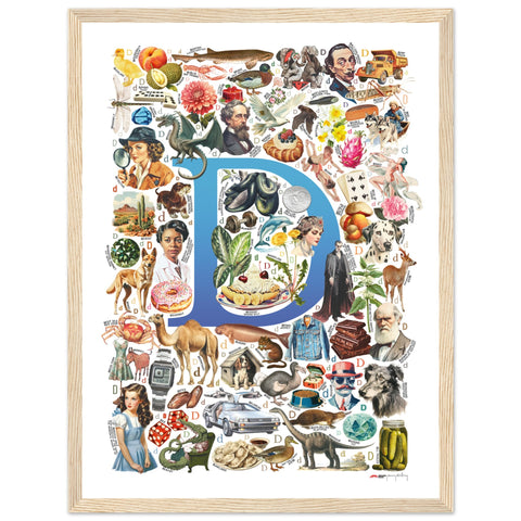 "D is for Discovery" — a Renard Roux alphabet poster with English D words (blue version)
