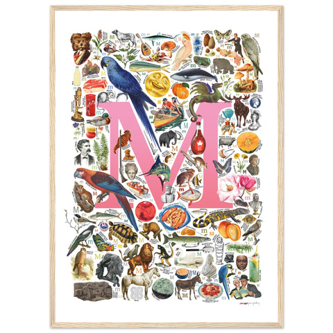 "M is for Magical" — a Renard Roux alphabet poster with English M words (pink version)