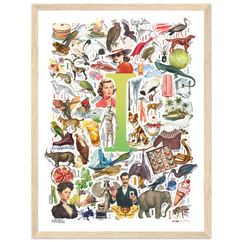 "I is for Imagination" — a Renard Roux alphabet poster with English I words (chartreuse version)