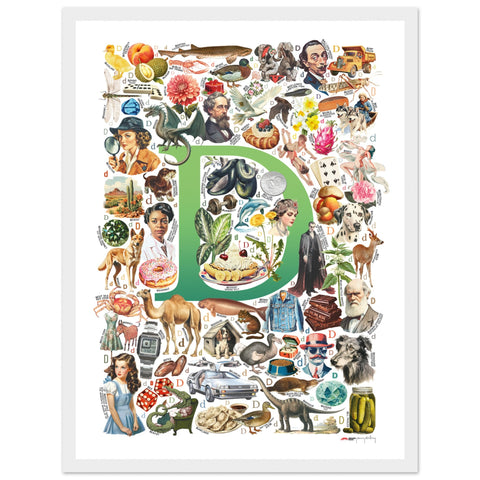 "D is for Discovery" — a Renard Roux alphabet poster with English D words (green version)