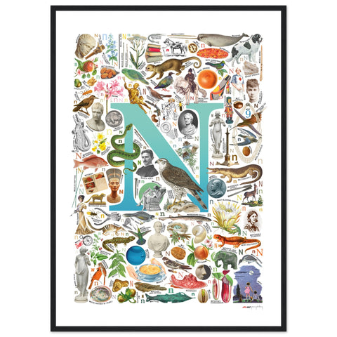 "N is for Nature" — a Renard Roux alphabet poster with English N words (turquoise version)