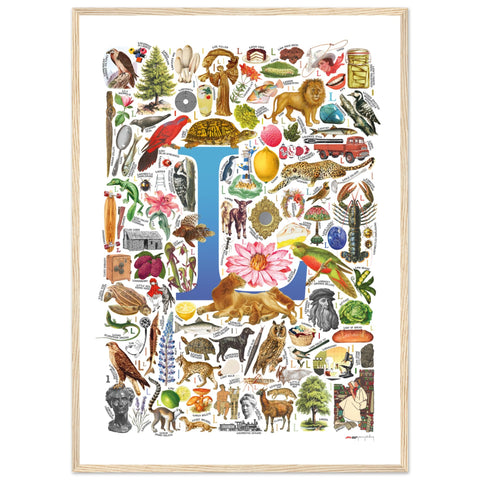 "L is for Learning" — a Renard Roux alphabet poster with English L words (blue version)