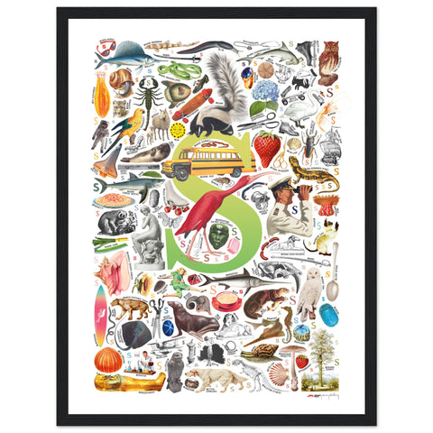 "S is for Surprise" — a Renard Roux alphabet poster with English S words (chartreuse version)