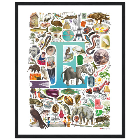 "E is for Explore" — a Renard Roux alphabet poster with English E words (turquoise version)