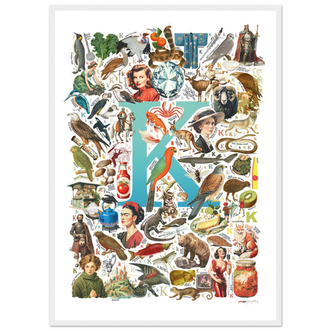 "K is for Keen" — a Renard Roux alphabet poster with English K words (turquoise version)