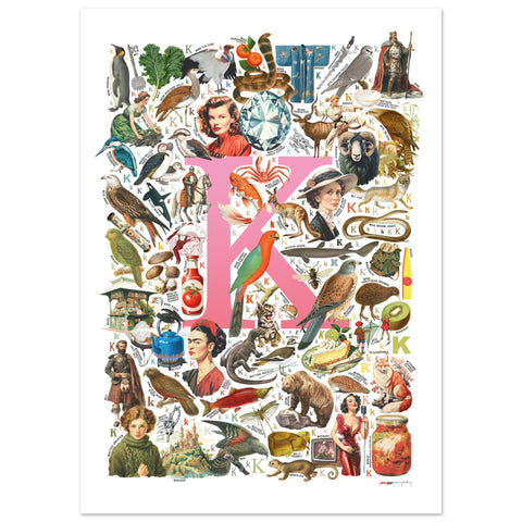"K is for Keen" — a Renard Roux alphabet poster with English K words (pink version)