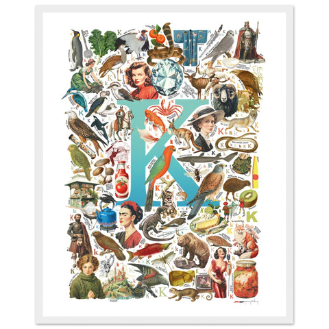 "K is for Keen" — a Renard Roux alphabet poster with English K words (turquoise version)