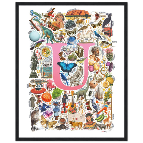 "U is for Unique" — a Renard Roux alphabet poster with English U words (pink version)