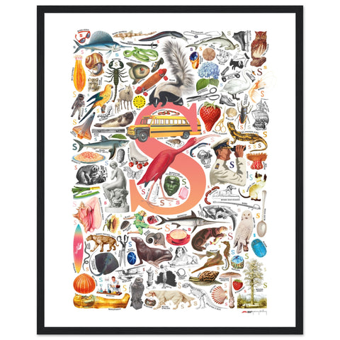 "S is for Surprise" — a Renard Roux alphabet poster with English S words (red version)