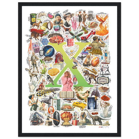 "X is for Xanadu" — a Renard Roux alphabet poster with English X words (chartreuse version)