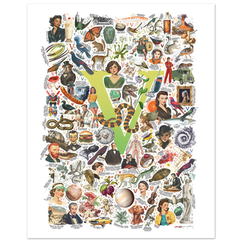 "V is for Voyage" — a Renard Roux alphabet poster with English V words (chartreuse version)