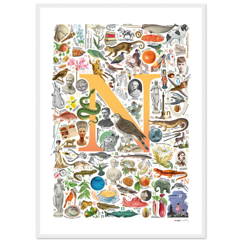 "N is for Nature" — a Renard Roux alphabet poster with English N words (yellow version)