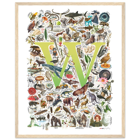 "W is for Wonder" — a Renard Roux alphabet poster with English W words (chartreuse version)