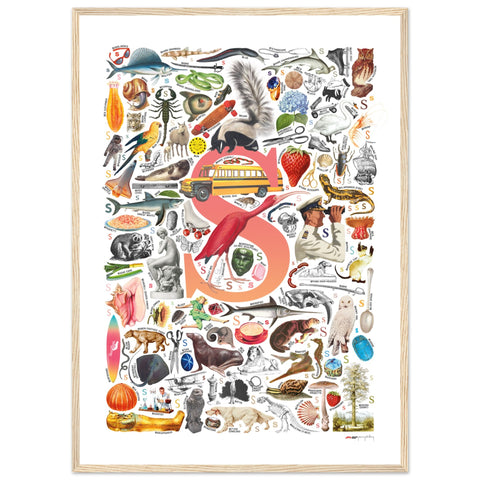 "S is for Surprise" — a Renard Roux alphabet poster with English S words (red version)