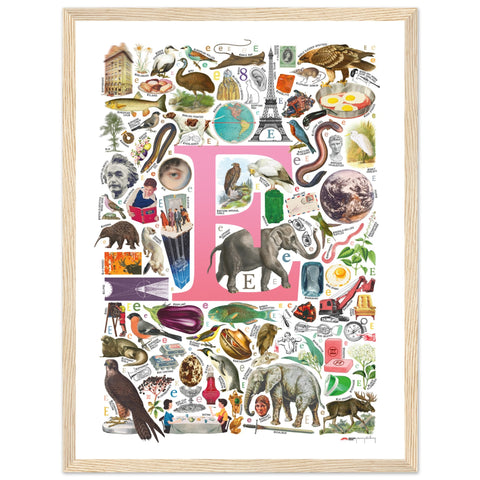 "E is for Explore" — a Renard Roux alphabet poster with English E words (pink version)