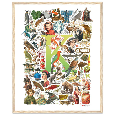 "K is for Keen" — a Renard Roux alphabet poster with English K words (chartreuse version)