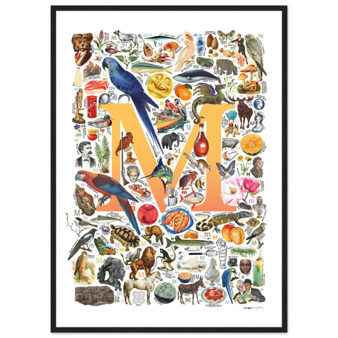 "M is for Magical" — a Renard Roux alphabet poster with English M words (yellow version)