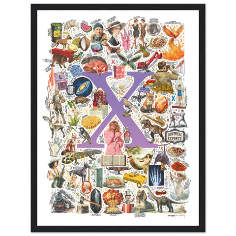 "X is for Xanadu" — a Renard Roux alphabet poster with English X words (purple version)