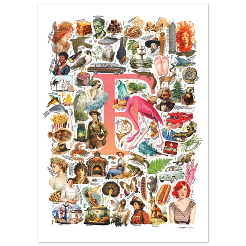 "F is for Festive" — a Renard Roux alphabet poster with English F words (red version)