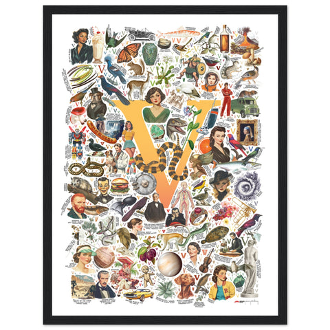 "V is for Voyage" — a Renard Roux alphabet poster with English V words (yellow version)