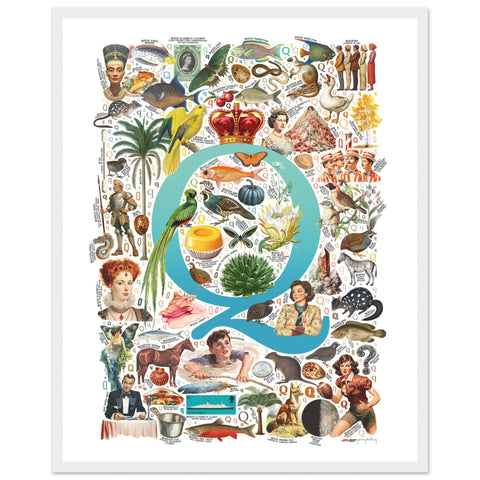 "Q is for Quest" — a Renard Roux alphabet poster with English Q words (turquoise version)