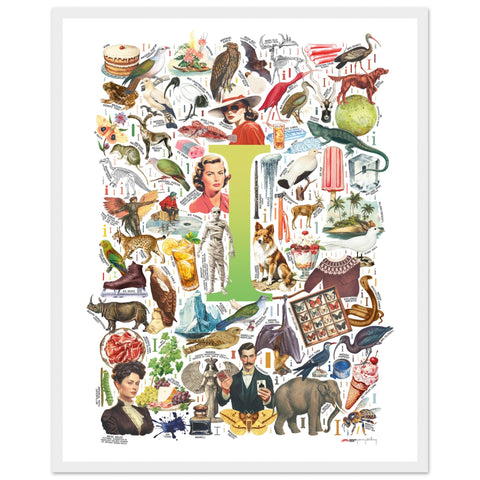 "I is for Imagination" — a Renard Roux alphabet poster with English I words (chartreuse version)