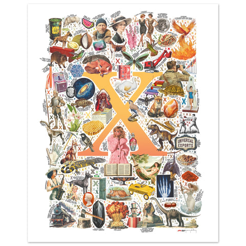 "X is for Xanadu" — a Renard Roux alphabet poster with English X words (yellow version)