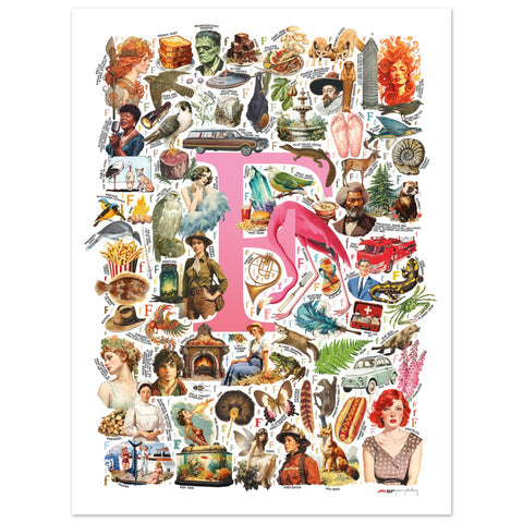 "F is for Festive" — a Renard Roux alphabet poster with English F words (pink version)