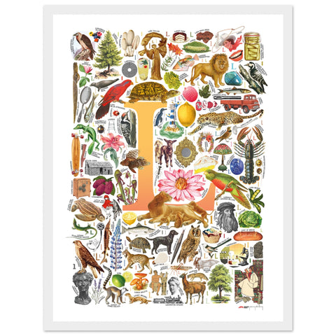 "L is for Learning" — a Renard Roux alphabet poster with English L words (yellow version)