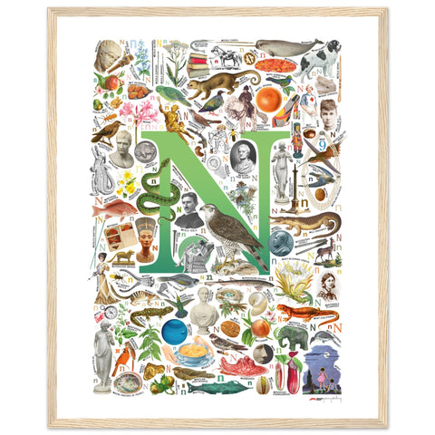 "N is for Nature" — a Renard Roux alphabet poster with English N words (green version)