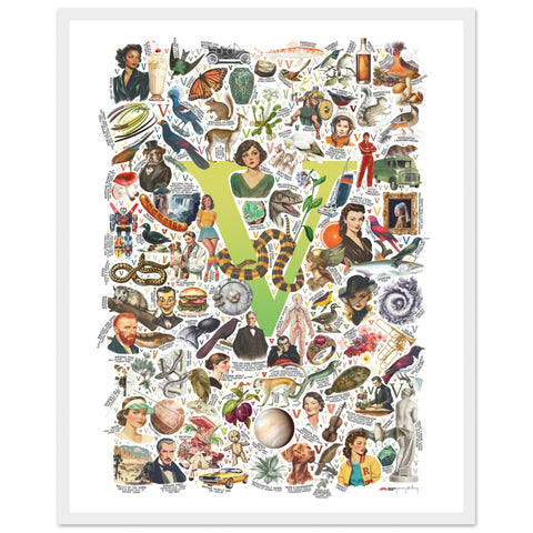 "V is for Voyage" — a Renard Roux alphabet poster with English V words (chartreuse version)