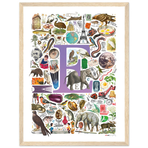 "E is for Explore" — a Renard Roux alphabet poster with English E words (purple version)