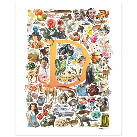 "D is for Discovery" — a Renard Roux alphabet poster with English D words (yellow version)