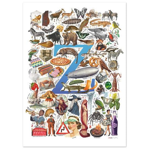 "Z is for Zenith" — a Renard Roux alphabet poster with English Z words (blue version)