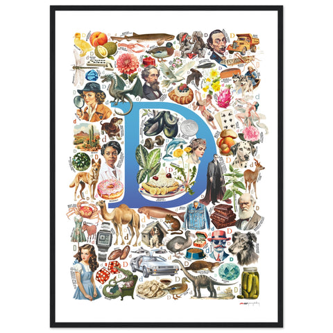 "D is for Discovery" — a Renard Roux alphabet poster with English D words (blue version)