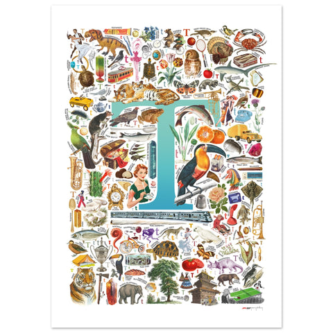 "T is for Treasure" — a Renard Roux alphabet poster with English T words (turquoise version)