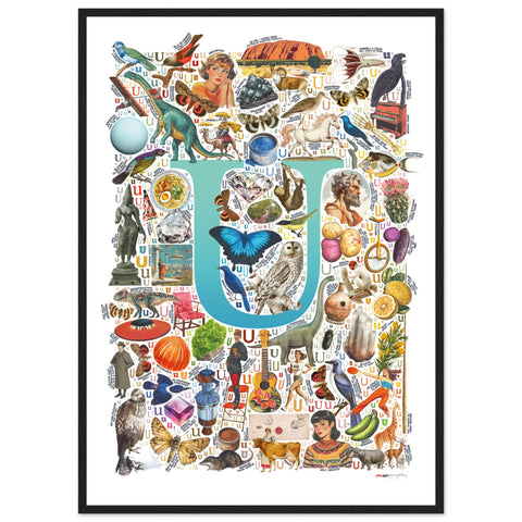 "U is for Unique" — a Renard Roux alphabet poster with English U words (turquoise version)