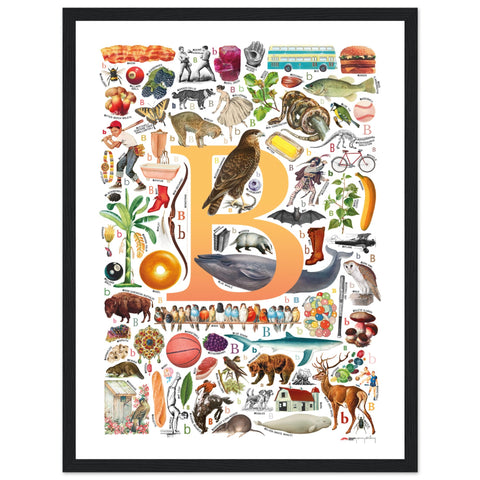 "B is for Brave" — a Renard Roux alphabet poster with English B words (yellow version)