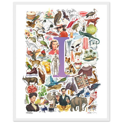"I is for Imagination" — a Renard Roux alphabet poster with English I words (purple version)